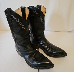 Mens Justin Boots Black Leather Western Cowboy Boots with Stitch Detail, Size 10